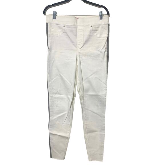 SPANX sz LG Denim Side Stripe Raw Hem Leggings Pants Highrise Flat Front Pull On - Picture 4 of 9